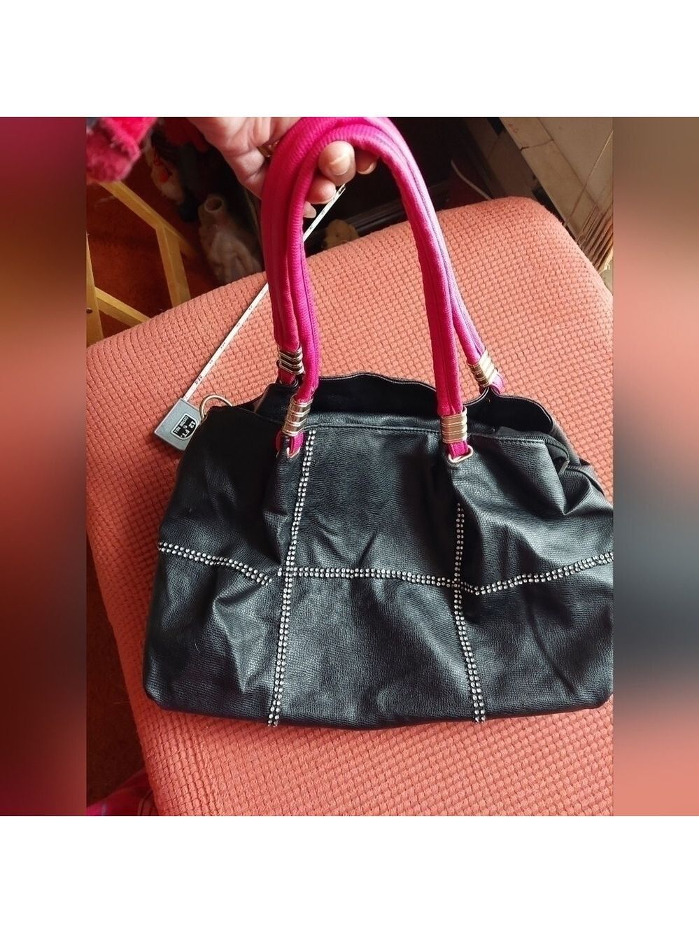 Jingpin Black Bag with Rhinestones & Hot Pink Straps